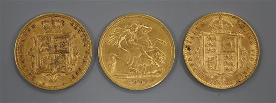 Three Victorian gold half sovereigns, 1885/3, VF, 1892 GVF and 1899, GF